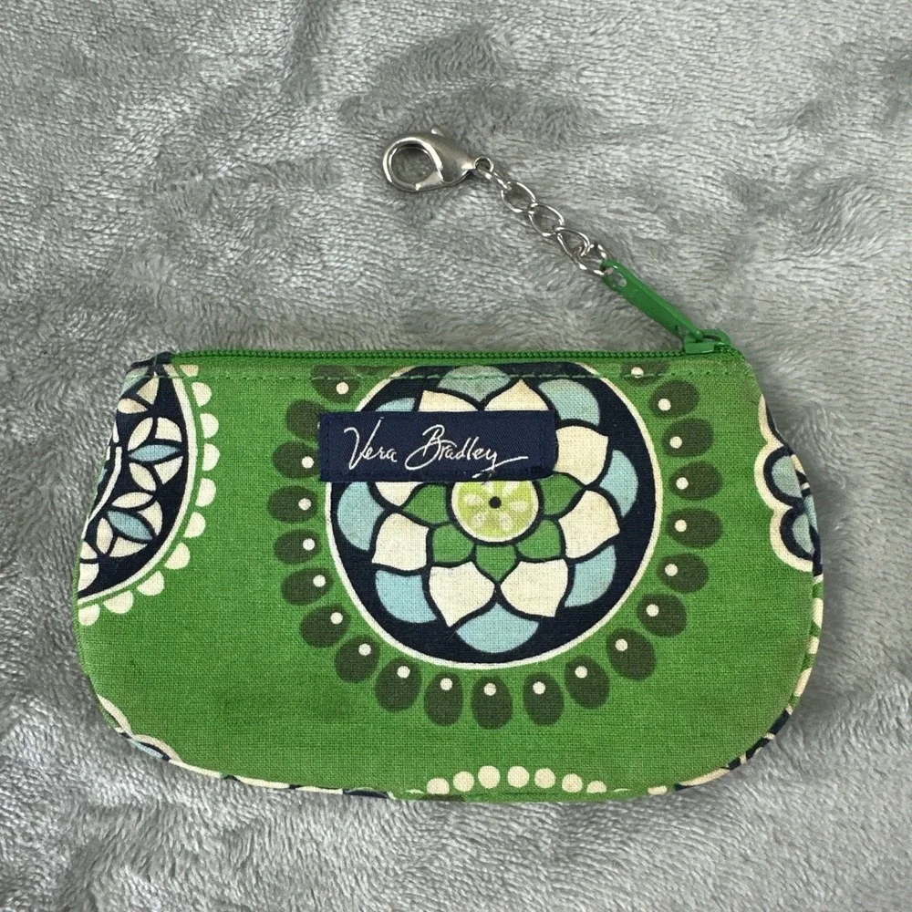 Vera Bradley ID Case Coin Purse Wallet Green Blue Floral Clip Zip Top